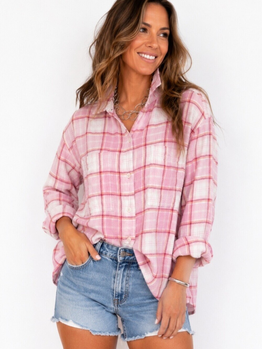 Boyfriend Shirt Womens Size Medium Pink Plaid 100% Cotton Oversized Button Up